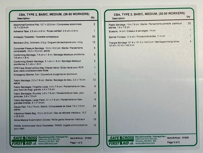 CSA Z1120-17 Type 2 First Aid Kit - Low-Risk Workplaces (26-50 Workers)